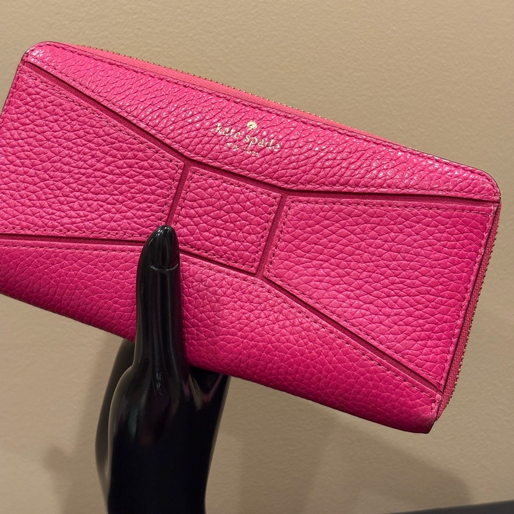 Kate Spade New York Bright Pink Pebbled Leather Bow Zip-Around Wallet